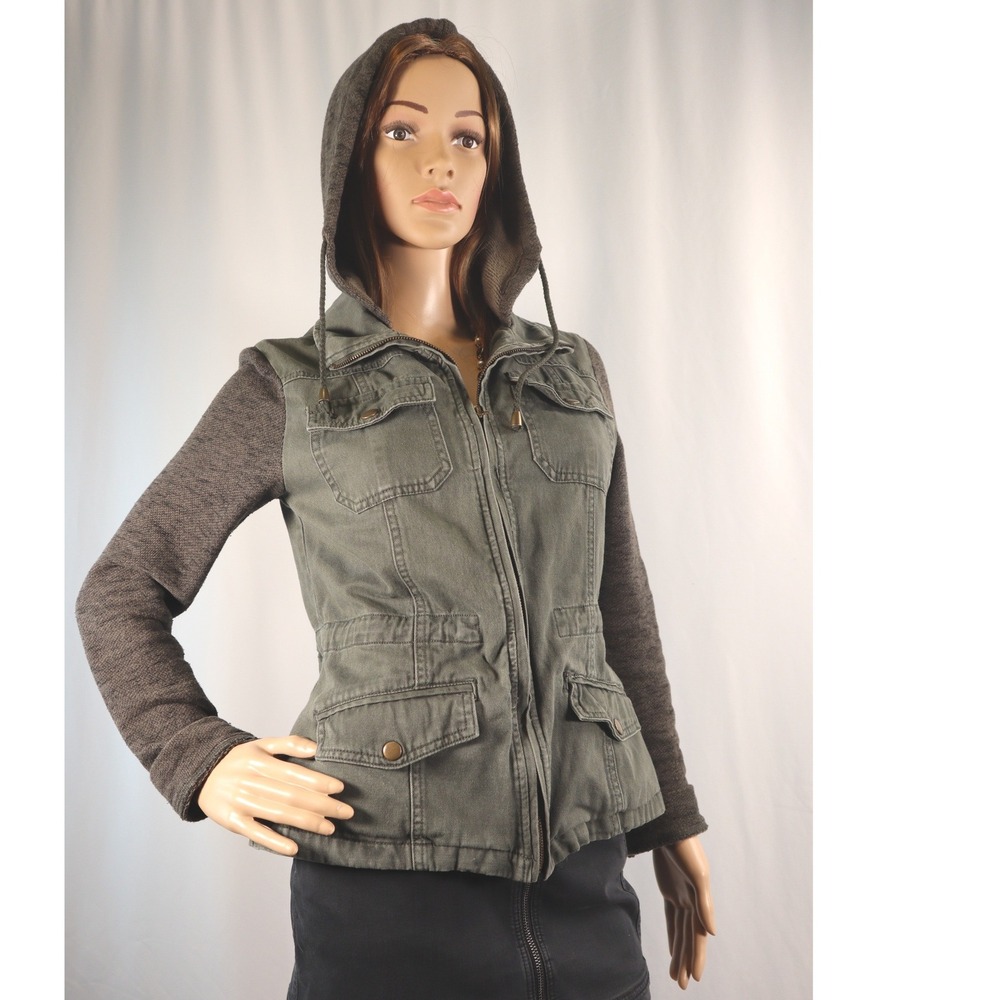 Ashley by 26 International Utility Jacket Olive Green Mixed Media Hooded Medium